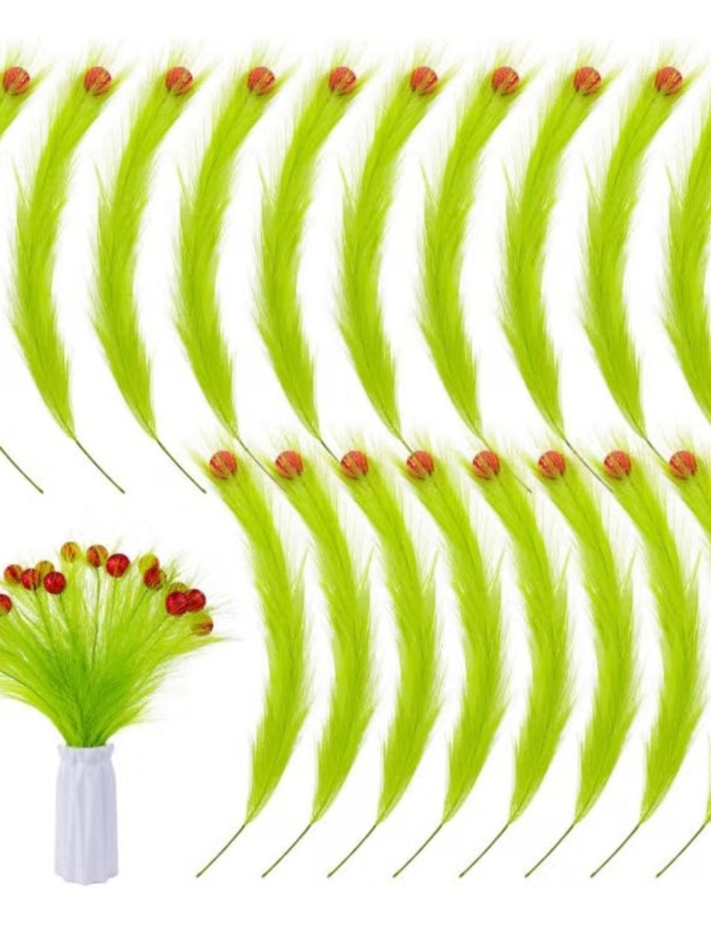 Bright Lime Green Feather Spray Stems with Red Glitter Balls. 24 Count. NWT.
